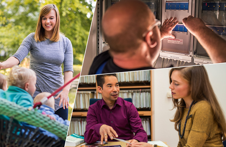 Collage mit drei Fotos: Erzieherin, Hausmeister und Sachbearbeiter im Beratungsgespräch.